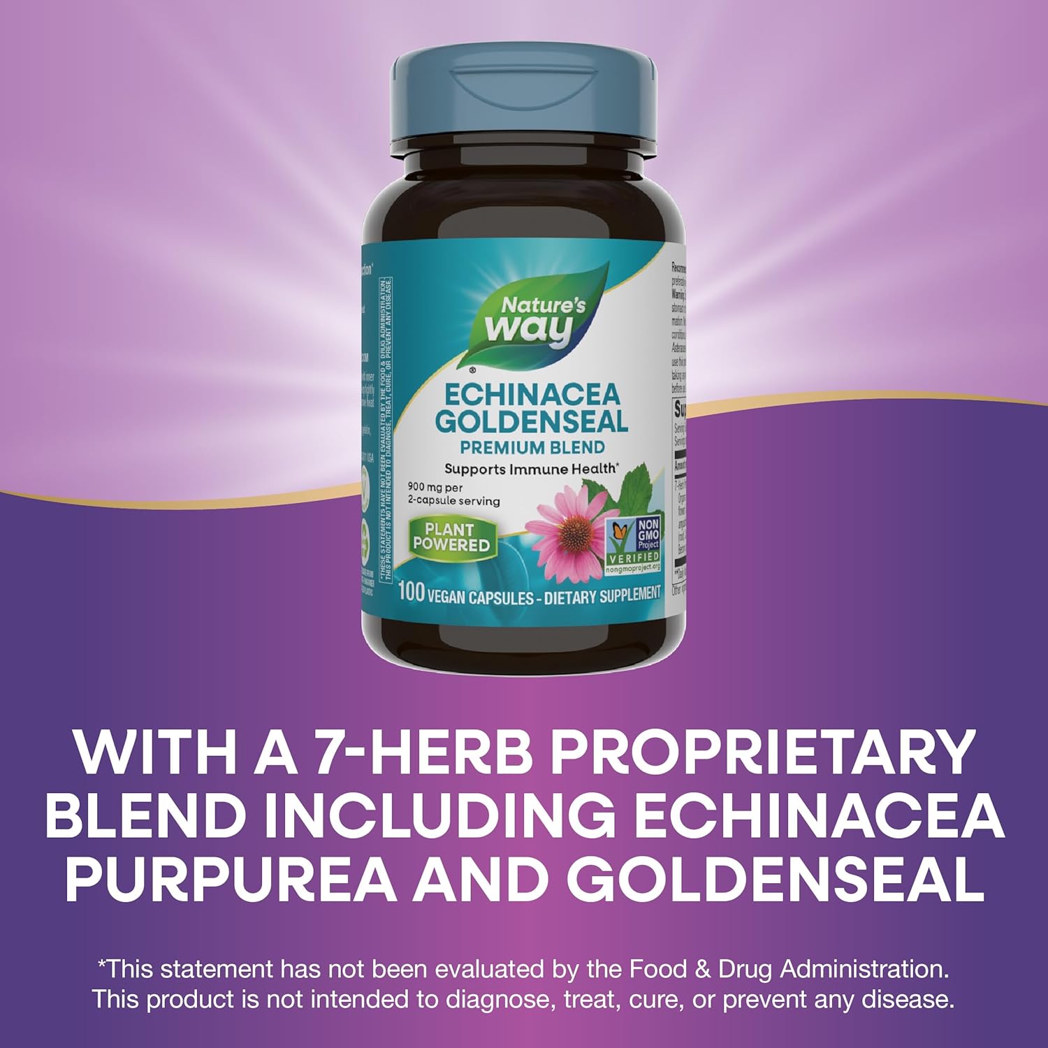 Premium Nature's Way Echinacea Goldenseal Capsules - 900 mg Immune Support, Non-GMO, Vegan - 100 Count