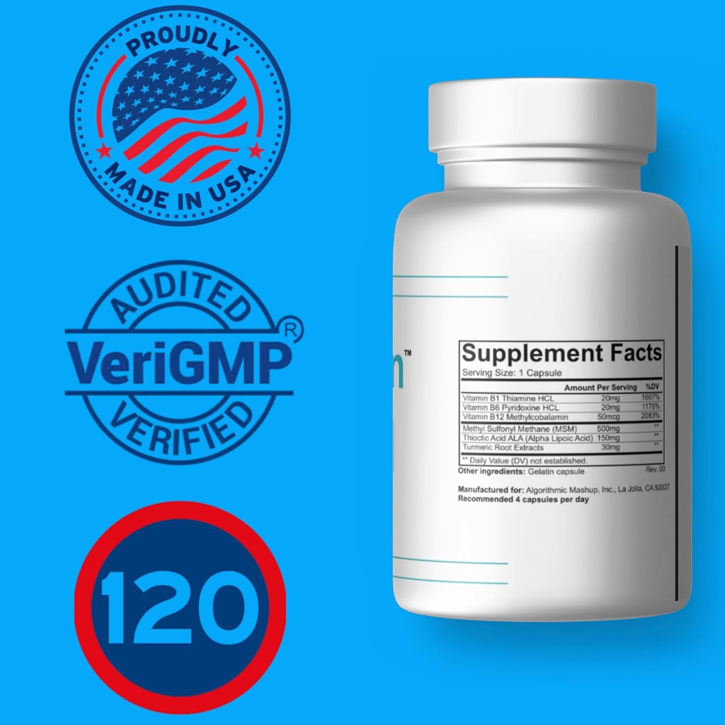 Premium Nerve Support Supplement 120 Count with MSM, Alpha Lipoic Acid, B Vitamins & Turmeric - Made in USA, GMP Certified