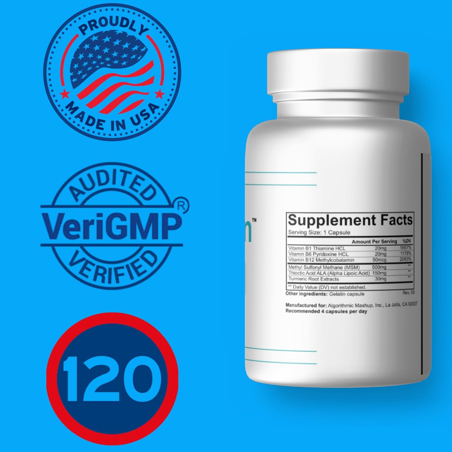 Premium Nerve Support Supplement 120 Count with MSM, Alpha Lipoic Acid, B Vitamins & Turmeric - Made in USA, GMP Certified