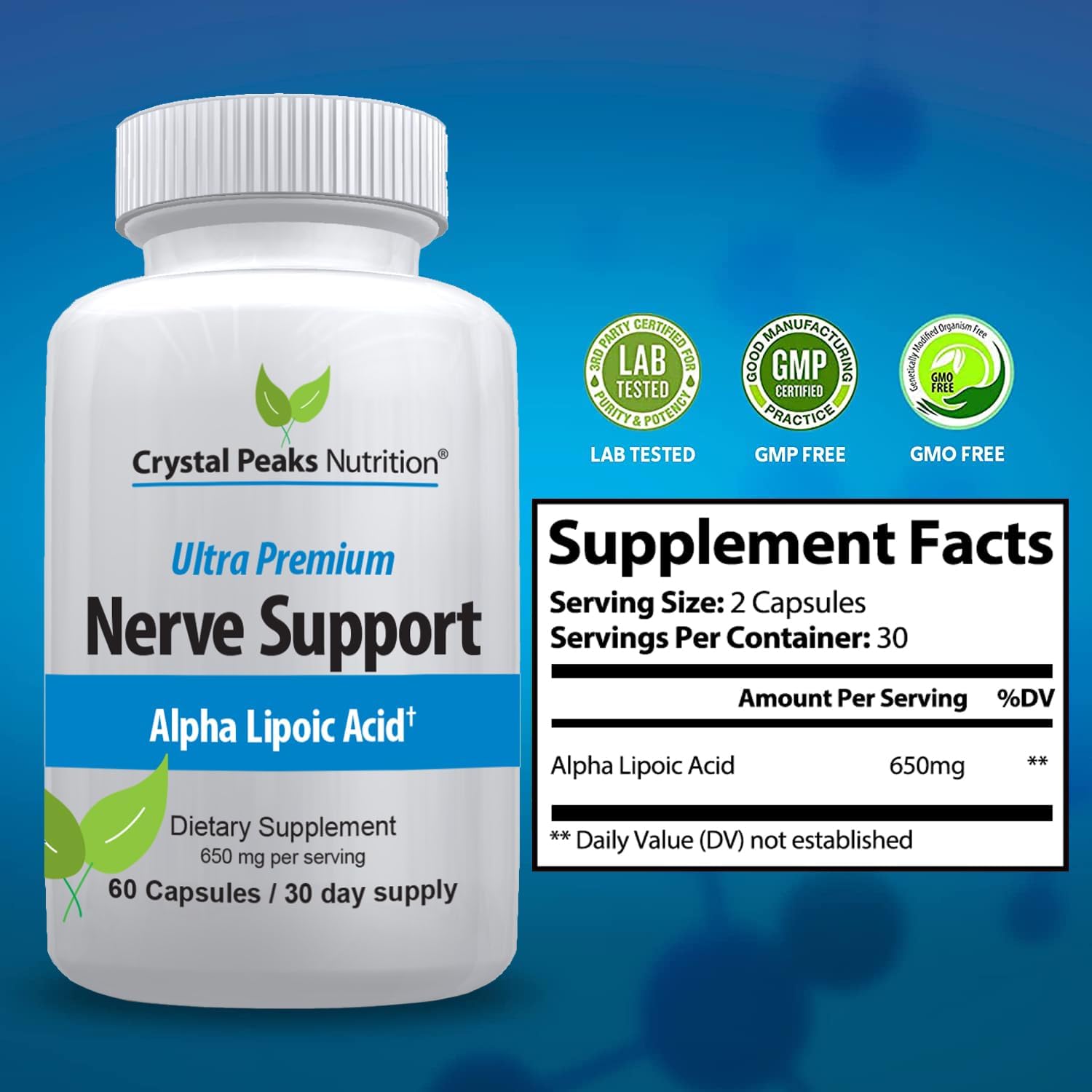 Premium Nerve Support Supplement with 650mg ALA Alpha Lipoic Acid - Natural Vitamins for Hands & Feet - Tingling, Numbness - 60 Capsules