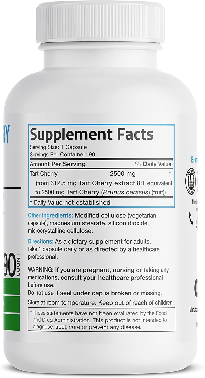 Premium Non-GMO Bronson Tart Cherry Extract 2500mg - High Antioxidant & Flavonoid Content, 90 Veg Caps