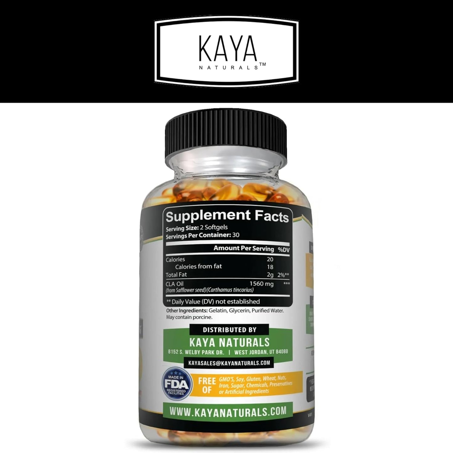 Premium Non-GMO Conjugated Linoleic Acid (CLA) Capsules - Gluten-Free - 60 Capsules by Kaya Naturals