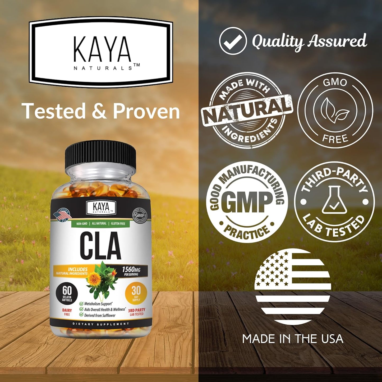Premium Non-GMO Conjugated Linoleic Acid (CLA) Capsules - Gluten-Free - 60 Capsules by Kaya Naturals