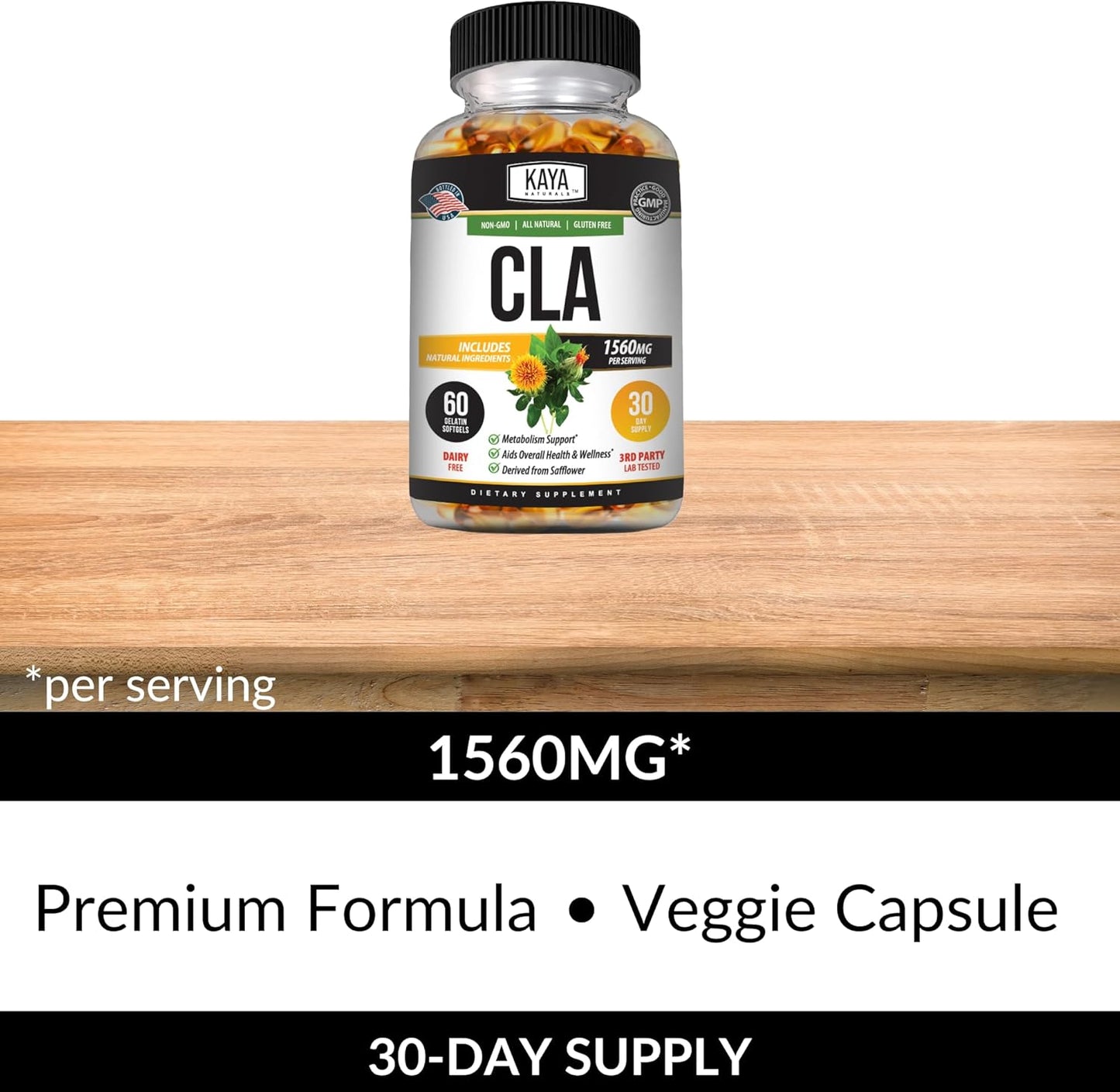 Premium Non-GMO Conjugated Linoleic Acid (CLA) Capsules - Gluten-Free - 60 Capsules by Kaya Naturals
