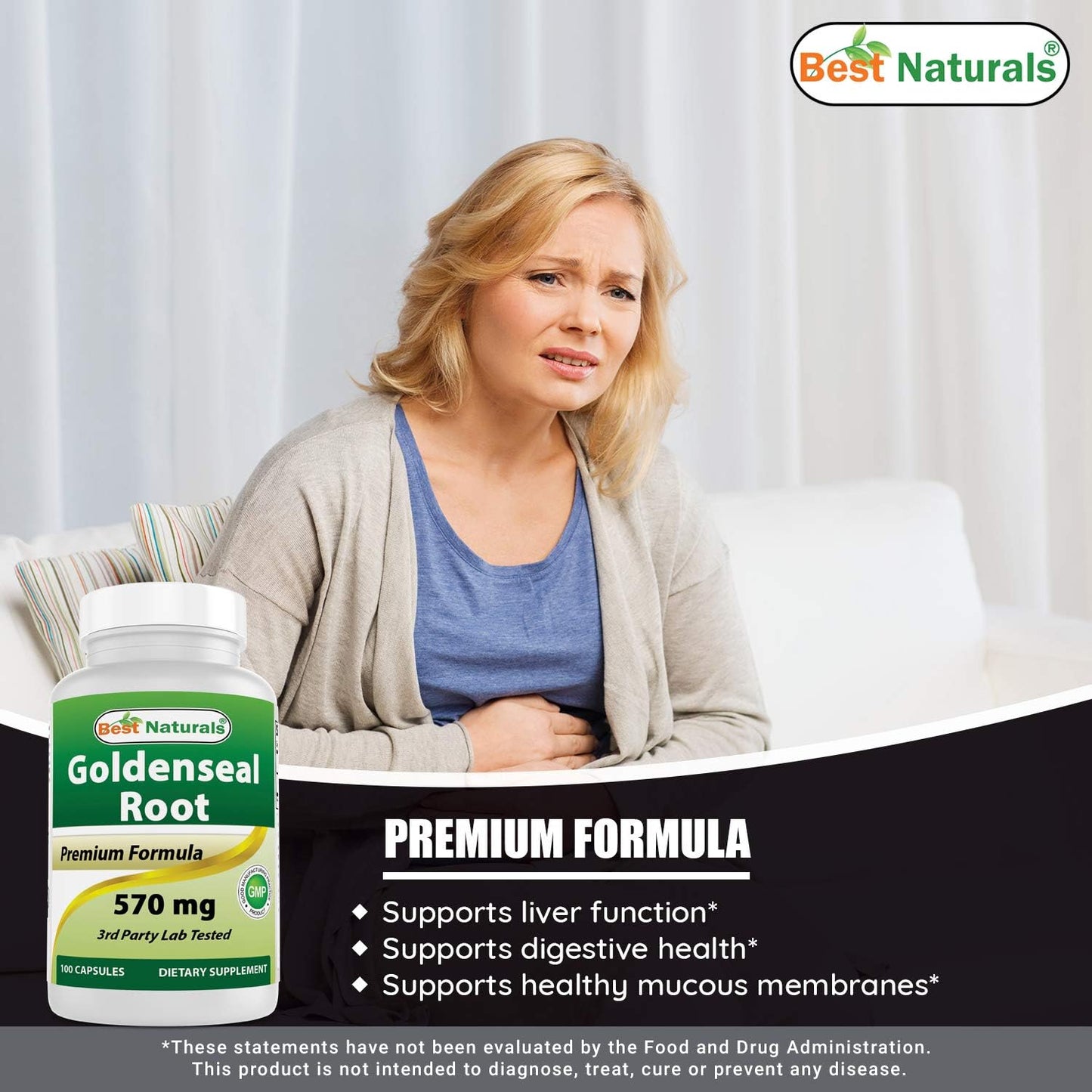 Premium Non-GMO Goldenseal Root Capsules - 570 mg - 100 Count - Top Quality Herbal Supplement