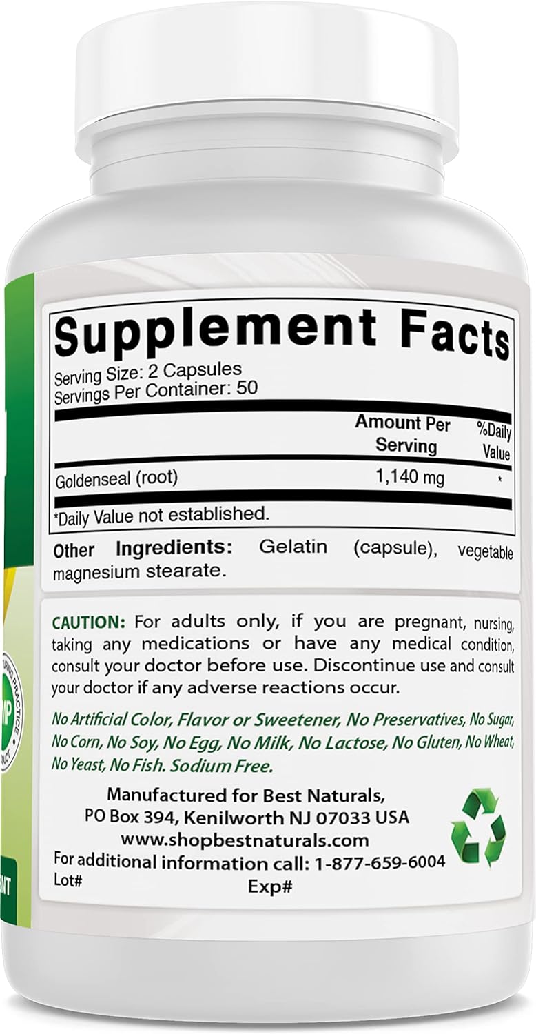 Premium Non-GMO Goldenseal Root Capsules - 570 mg - 100 Count - Top Quality Herbal Supplement