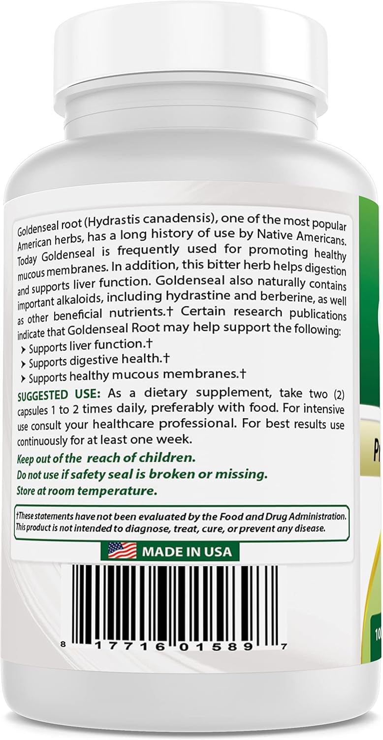 Premium Non-GMO Goldenseal Root Capsules - 570 mg - 100 Count - Top Quality Herbal Supplement