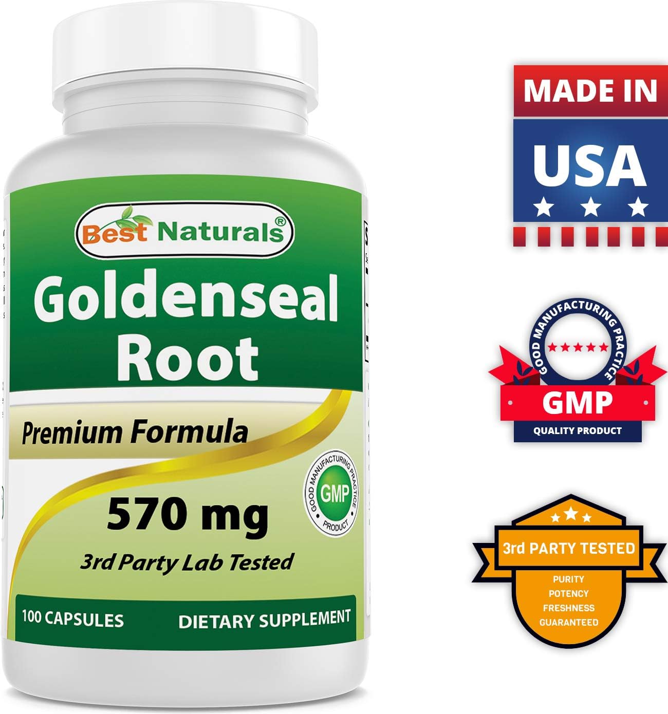 Premium Non-GMO Goldenseal Root Capsules - 570 mg - 100 Count - Top Quality Herbal Supplement