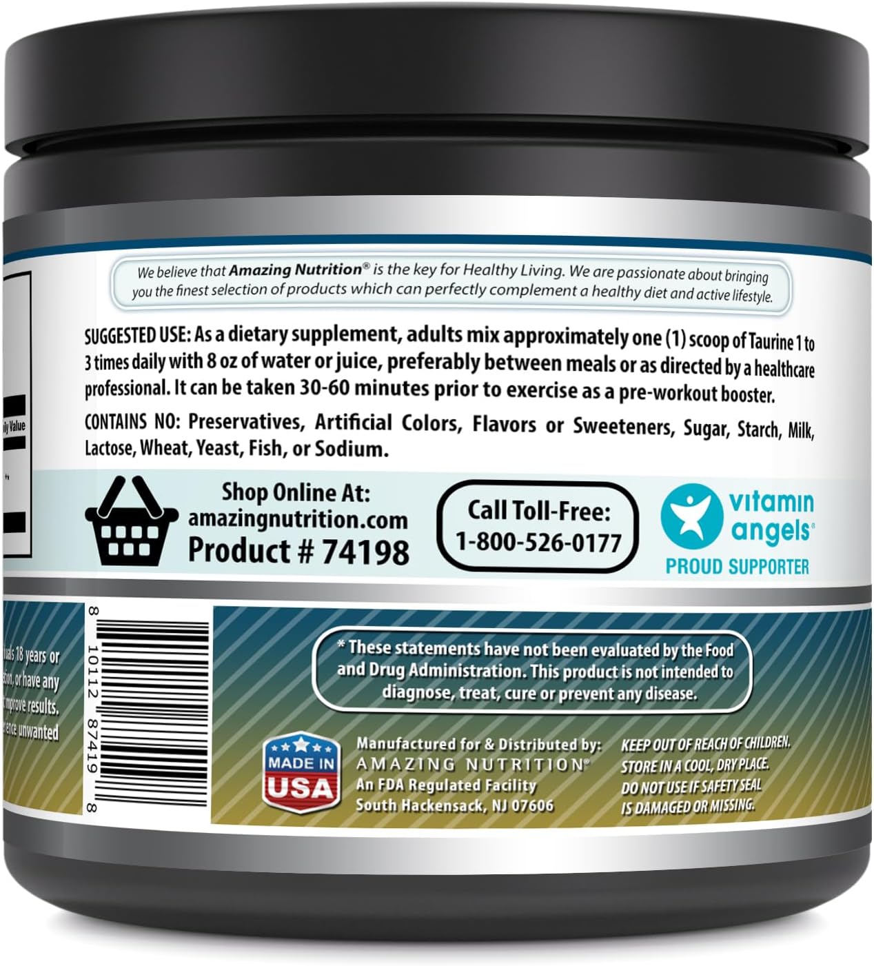Premium Non-GMO Taurine Powder Supplement | Gluten Free | Made in USA | 1 Lb (454 Grams)