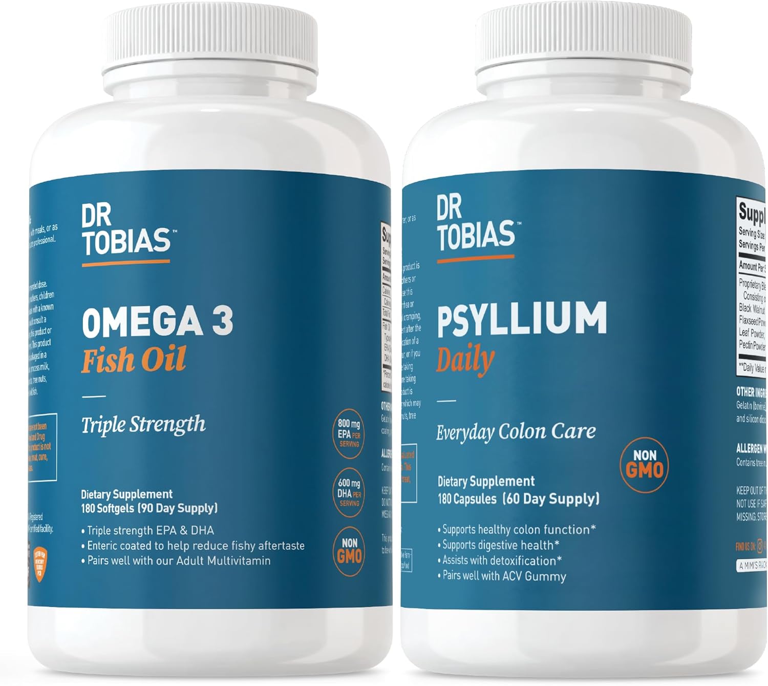 Premium Omega 3 Fish Oil and Psyllium Daily Supplement for Overall Health and Digestive Regularity - Non-GMO Formula
