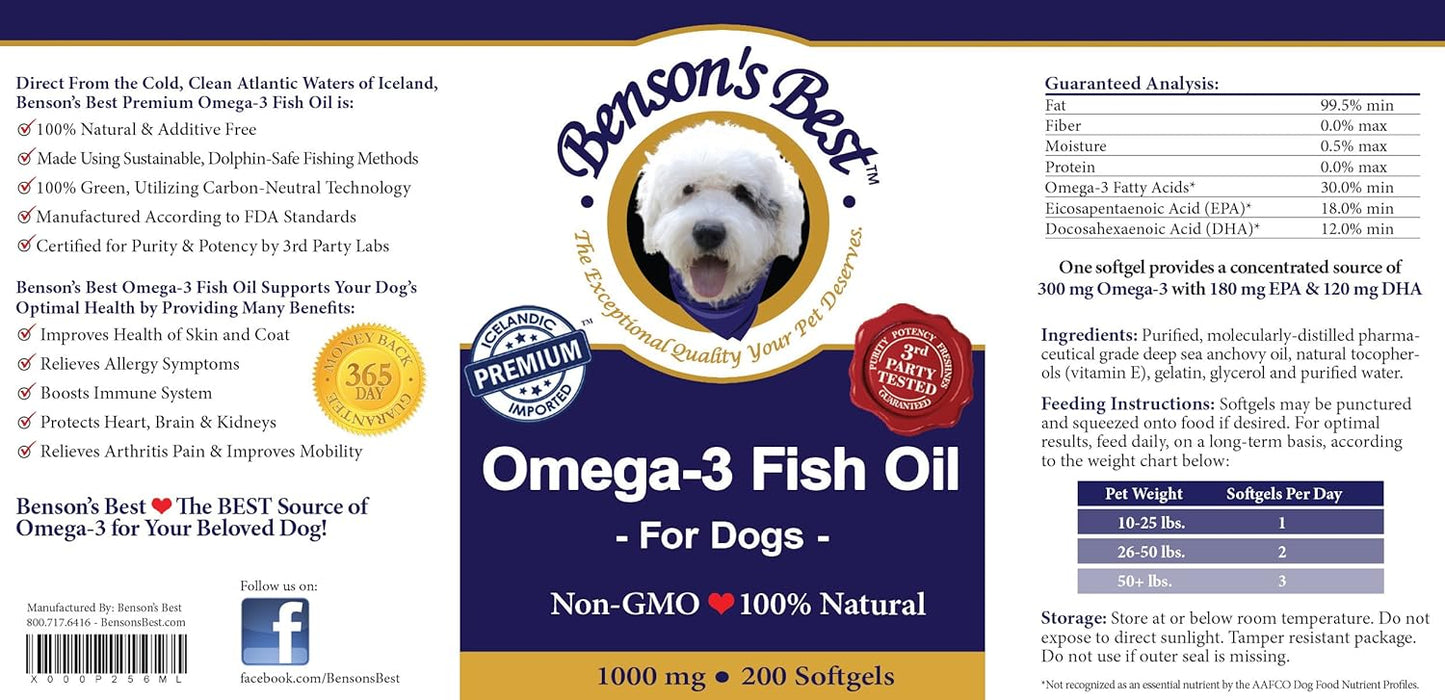 Premium Omega 3 Fish Oil for Dogs - 43% More Fatty Acids Than Salmon Oil - 200 Softgels 1000 mg - Non-GMO Natural Pet Food Supplement