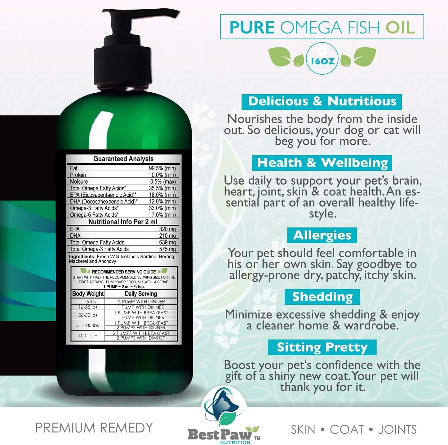 Premium Omega Fish Oil for Dogs, Cats, & Ferrets - Joint Pain Relief, Soft Skin, & Shiny Coat - Liquid Supplement - Omega 3 Pets Love - 16oz
