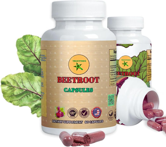 Premium Organic Beetroot Powder Capsules - 1300mg per Serving, 60 Capsules - 100% Natural, Gluten-Free, Sugar-Free, Vegan Friendly - No Rice Powder, No Gelatin - Trustfinds