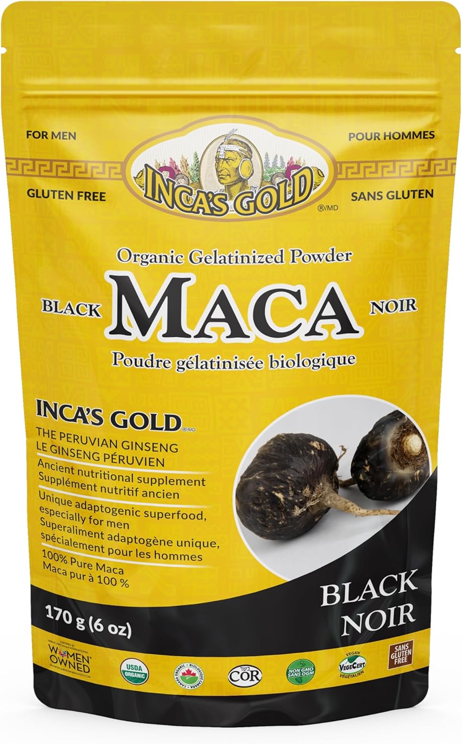 Premium Organic Black Maca Gelatinized Root Powder for Men - 170g - Inca's Gold