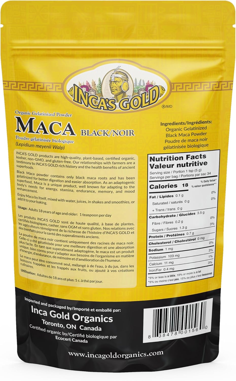 Premium Organic Black Maca Gelatinized Root Powder for Men - 170g - Inca's Gold