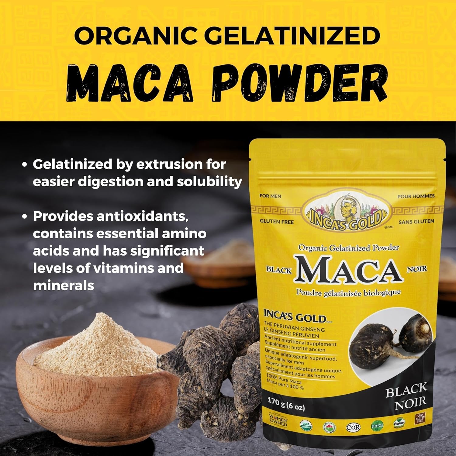 Premium Organic Black Maca Gelatinized Root Powder for Men - 170g - Inca's Gold