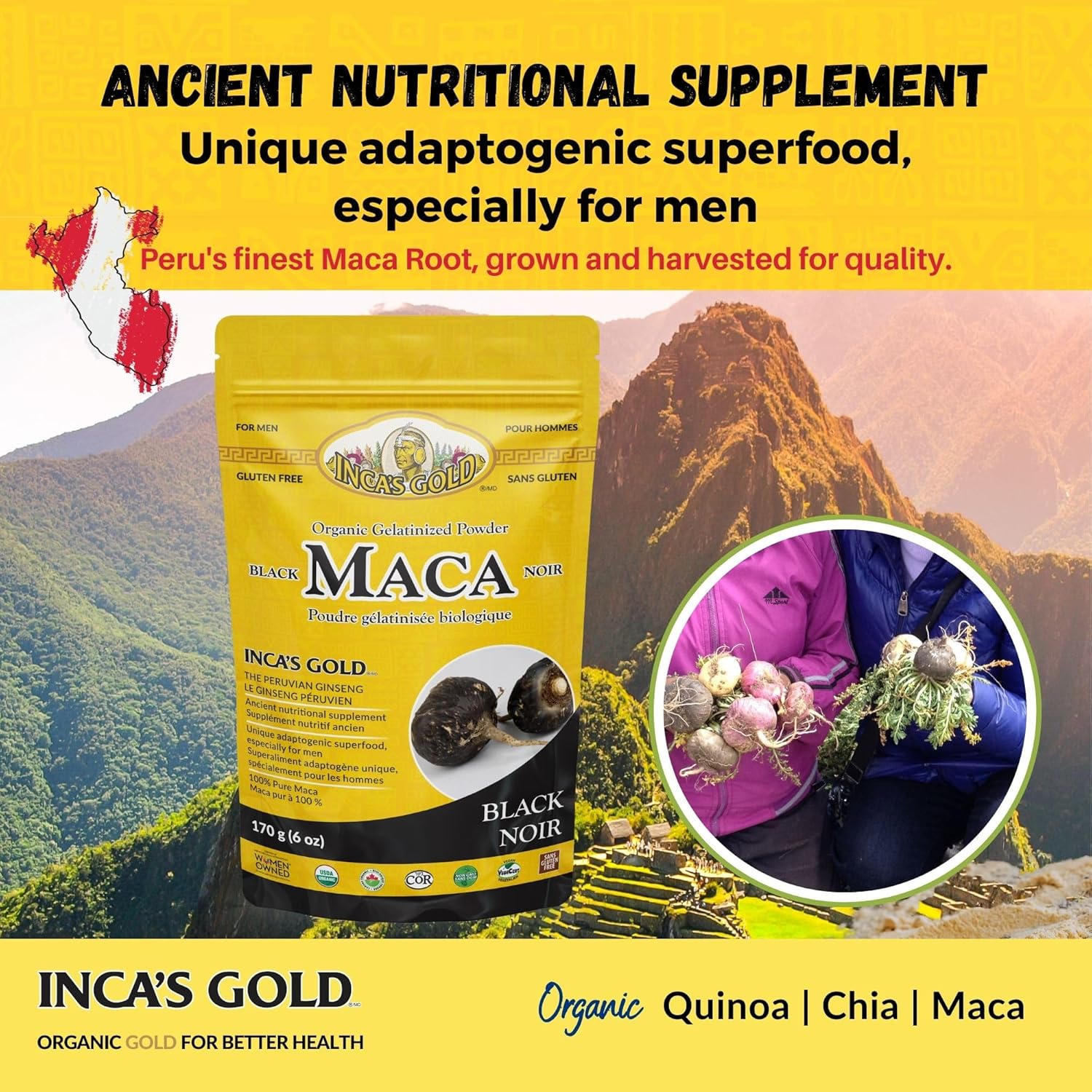 Premium Organic Black Maca Gelatinized Root Powder for Men - 170g - Inca's Gold