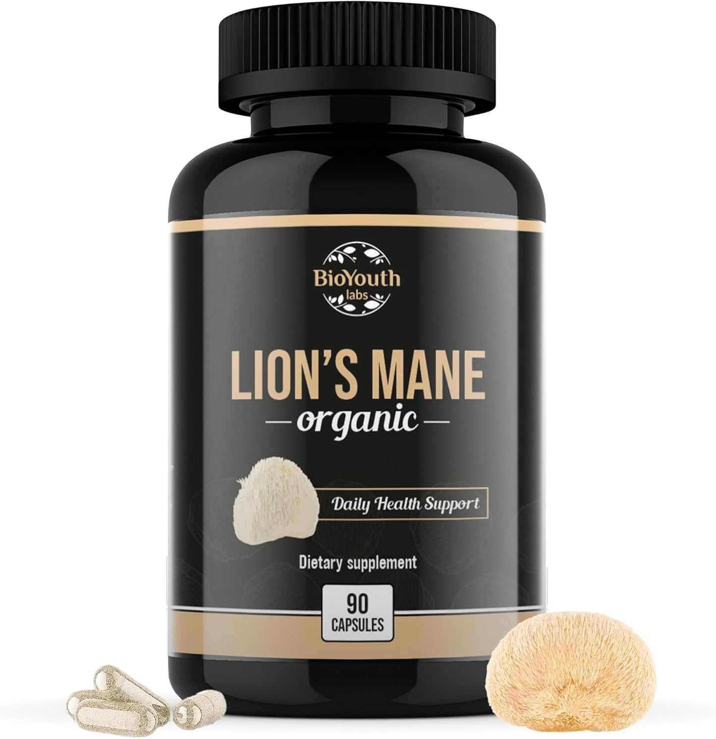 Premium Organic Lions Mane Brain Support Supplement - 90 Capsules of BioYouth Lions Mane Mushroom Extract