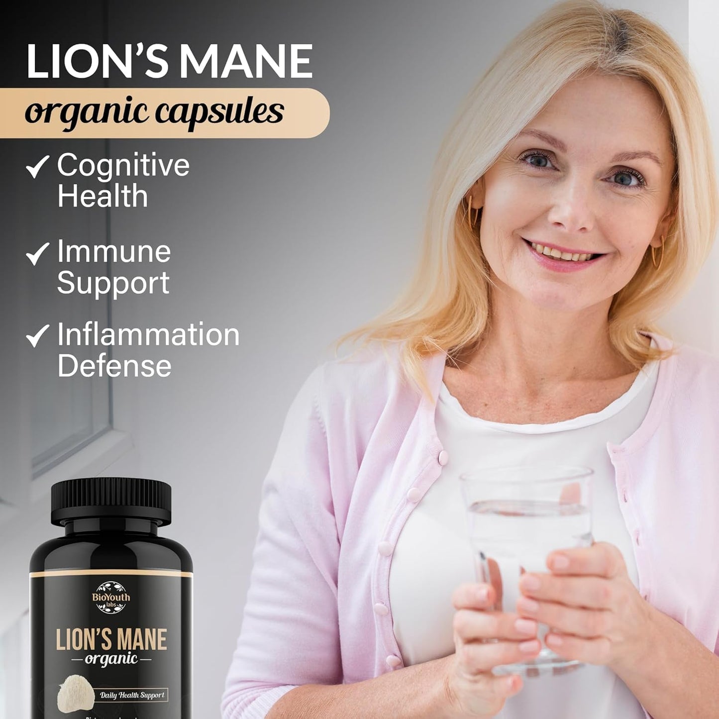 Premium Organic Lions Mane Brain Support Supplement - 90 Capsules of BioYouth Lions Mane Mushroom Extract