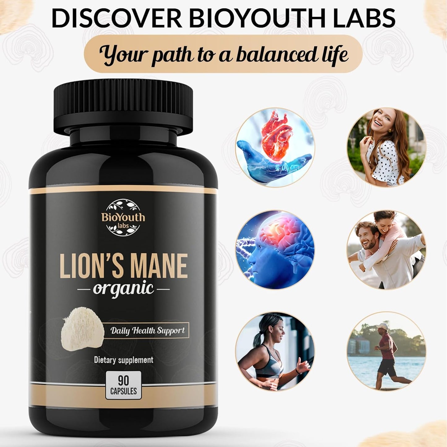 Premium Organic Lions Mane Brain Support Supplement - 90 Capsules of BioYouth Lions Mane Mushroom Extract
