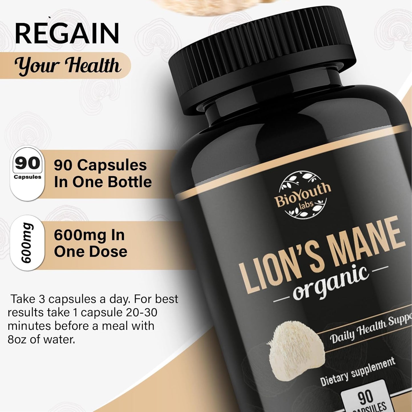 Premium Organic Lions Mane Brain Support Supplement - 90 Capsules of BioYouth Lions Mane Mushroom Extract