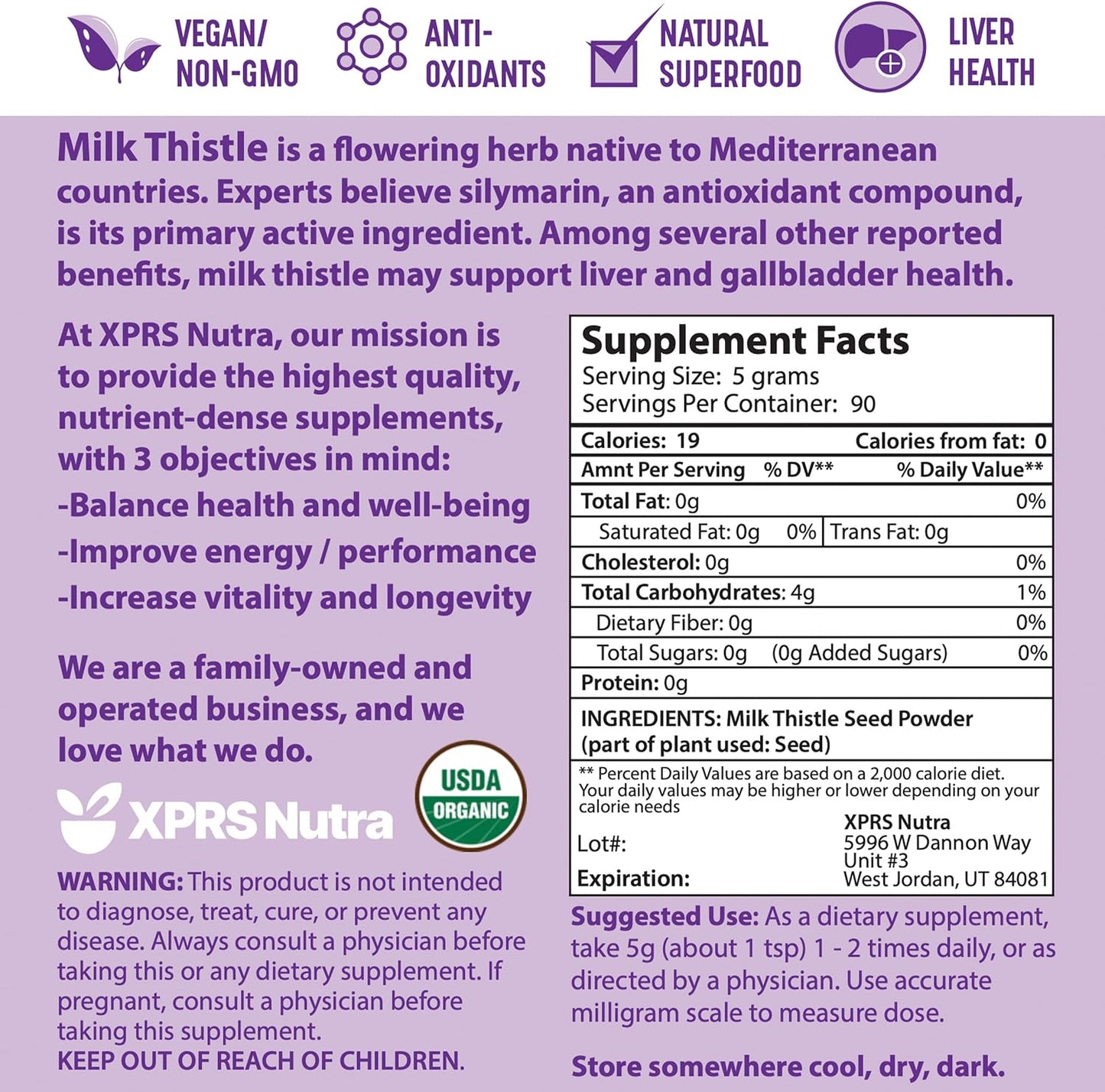 Premium Organic Milk Thistle Seed Powder - Rich in Silymarin & Antioxidants - Supports Liver Health - Vegan Friendly - 16 oz