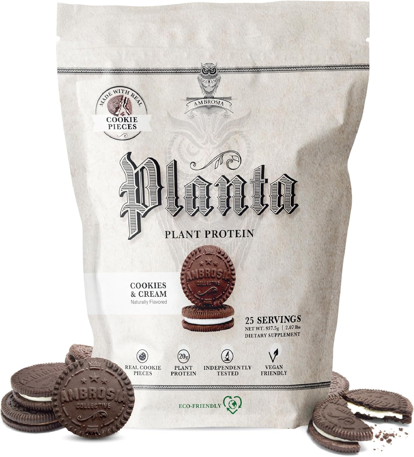 Premium Organic Plant-Based Protein Powder - Vegan & Keto Friendly with Gourmet Flavors | Ambrosia Planta - No Bloating, Gluten or Added Sugar | 25 Servings | Cookies Cream Flavor