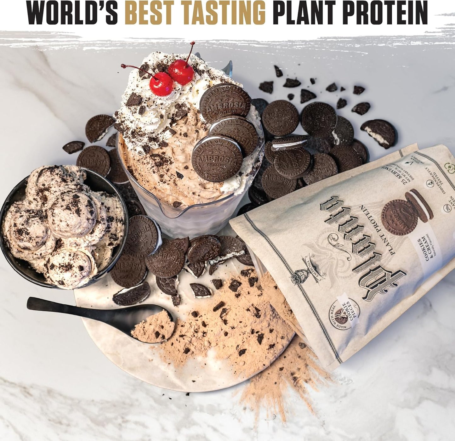 Premium Organic Plant-Based Protein Powder - Vegan & Keto Friendly with Gourmet Flavors | Ambrosia Planta - No Bloating, Gluten or Added Sugar | 25 Servings | Cookies Cream Flavor