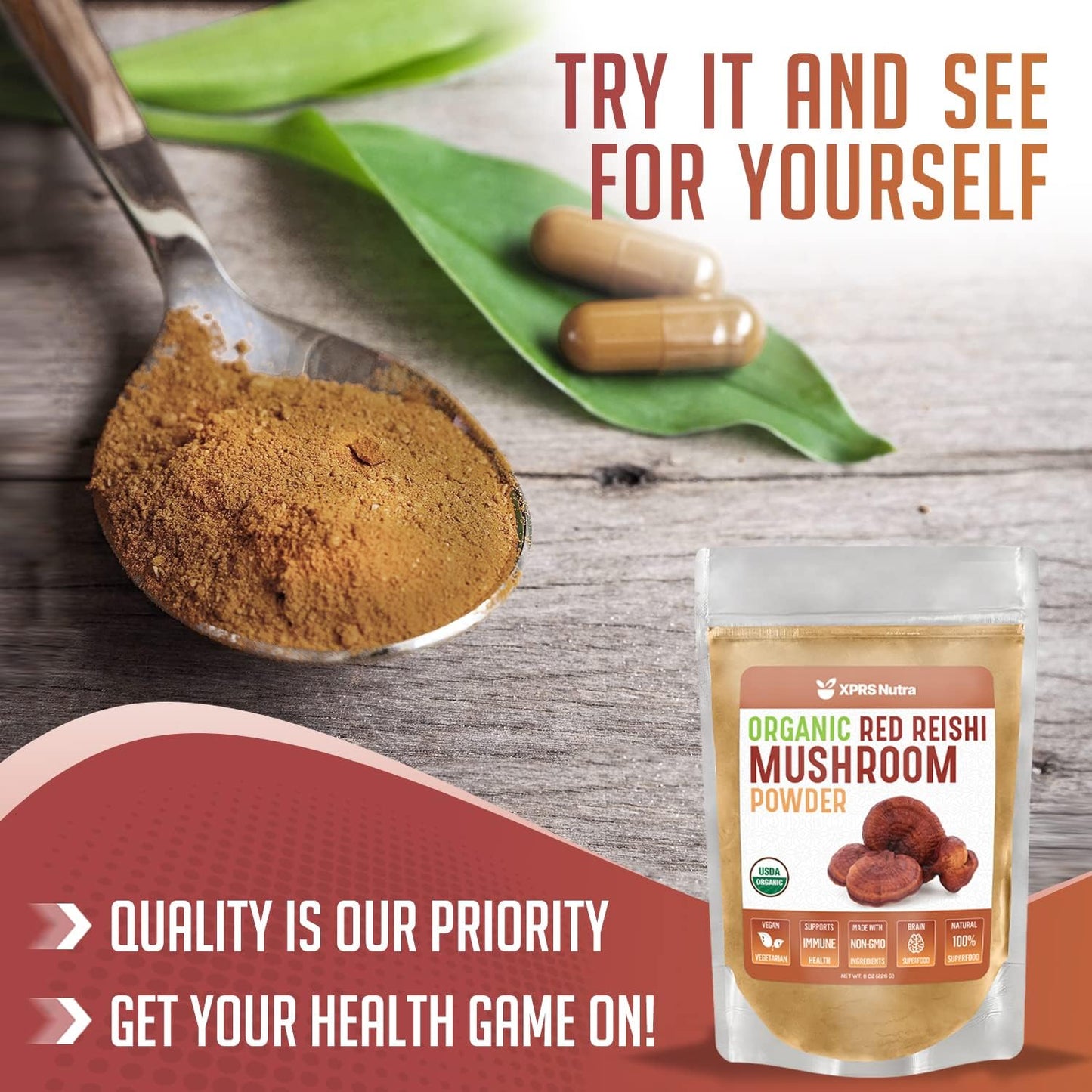Premium Organic Red Reishi Mushroom Powder for Cognitive Support - Vegan Longevity and Energy Boost - 4 Ounce