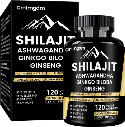 Premium Organic Shilajit Capsules with Ashwagandha - 20,000mg Pure Himalayan Supplement for Vitality and Wellness, 120 Capsules for Men & Women
