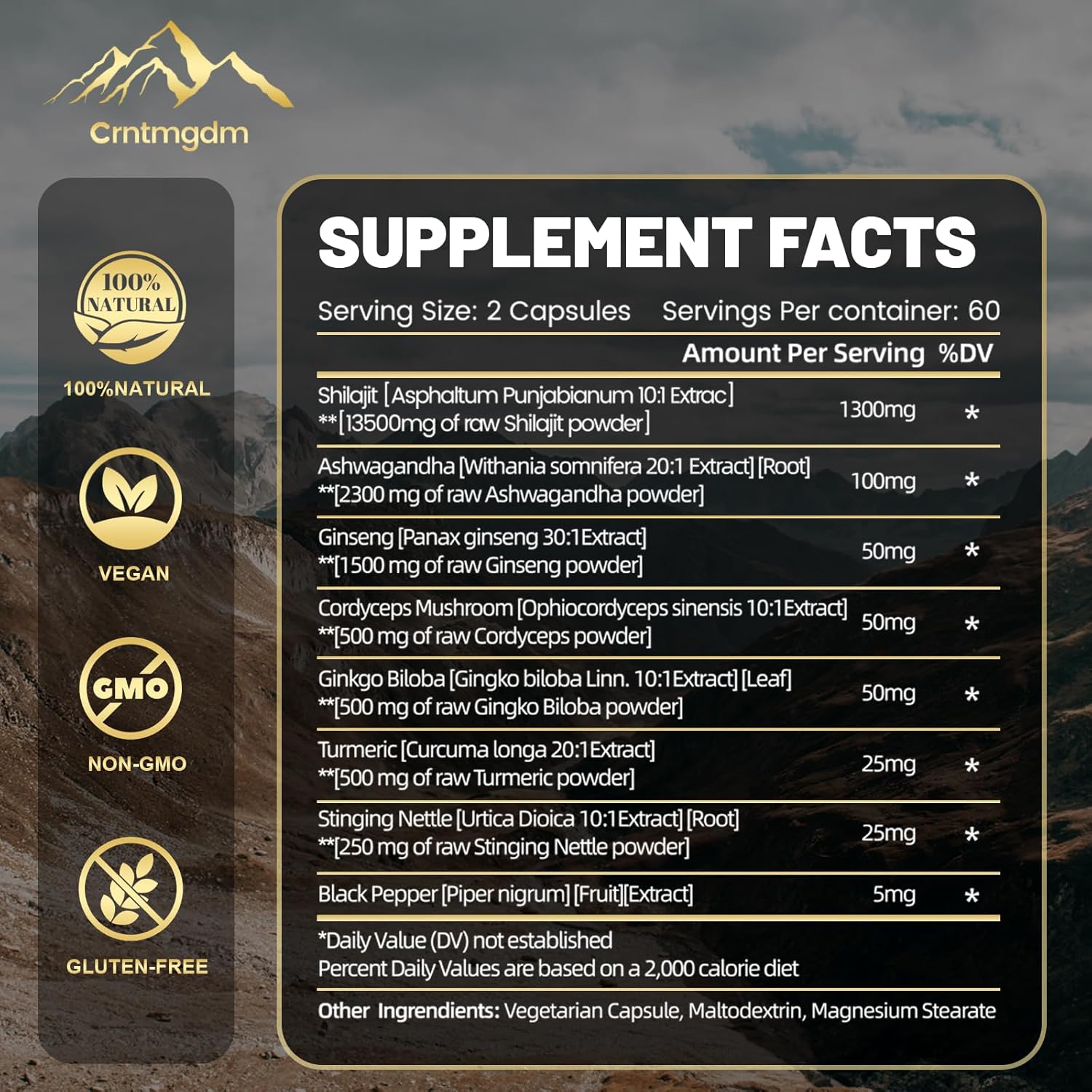 Premium Organic Shilajit Capsules with Ashwagandha - 20,000mg Pure Himalayan Supplement for Vitality and Wellness, 120 Capsules for Men & Women