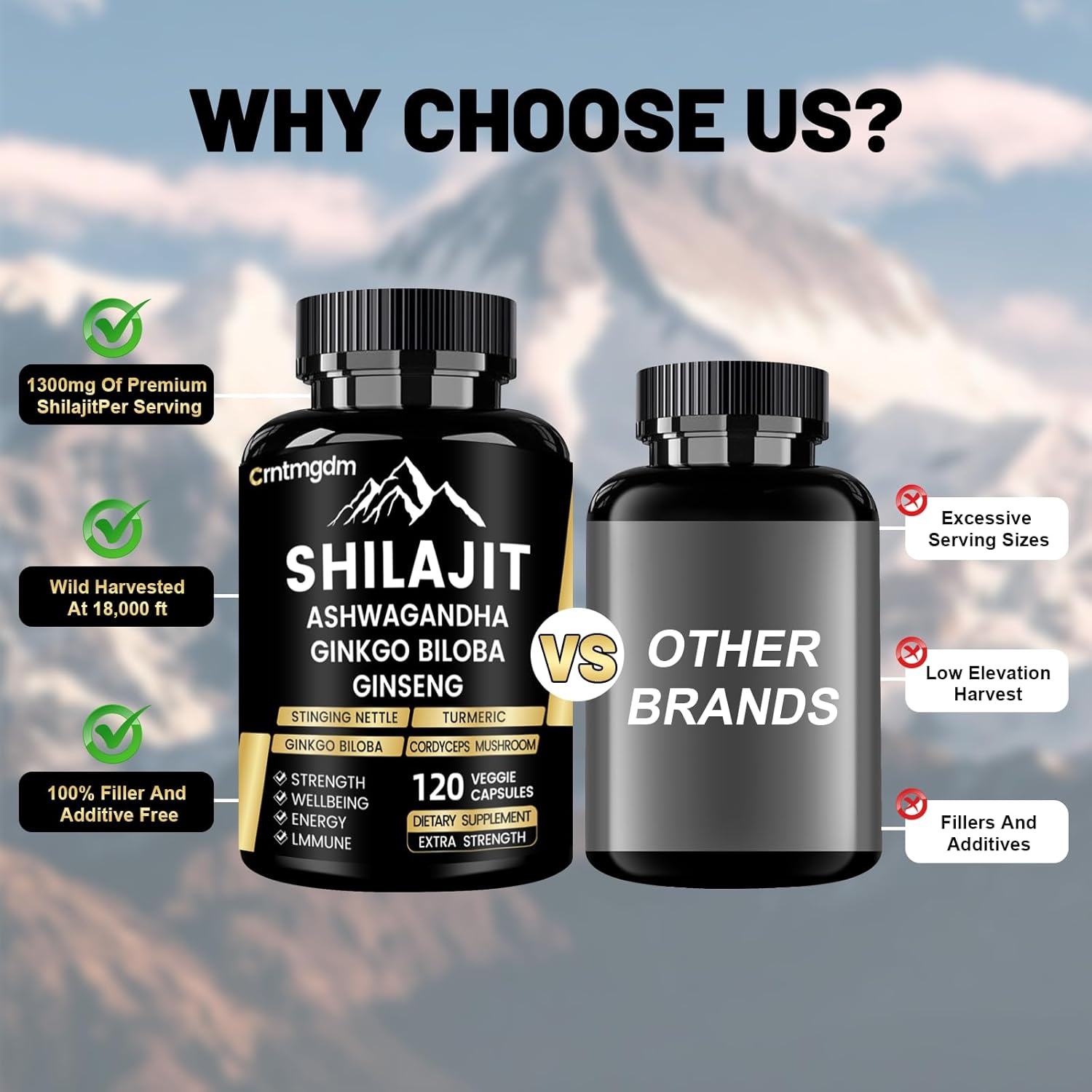 Premium Organic Shilajit Capsules with Ashwagandha - 20,000mg Pure Himalayan Supplement for Vitality and Wellness, 120 Capsules for Men & Women