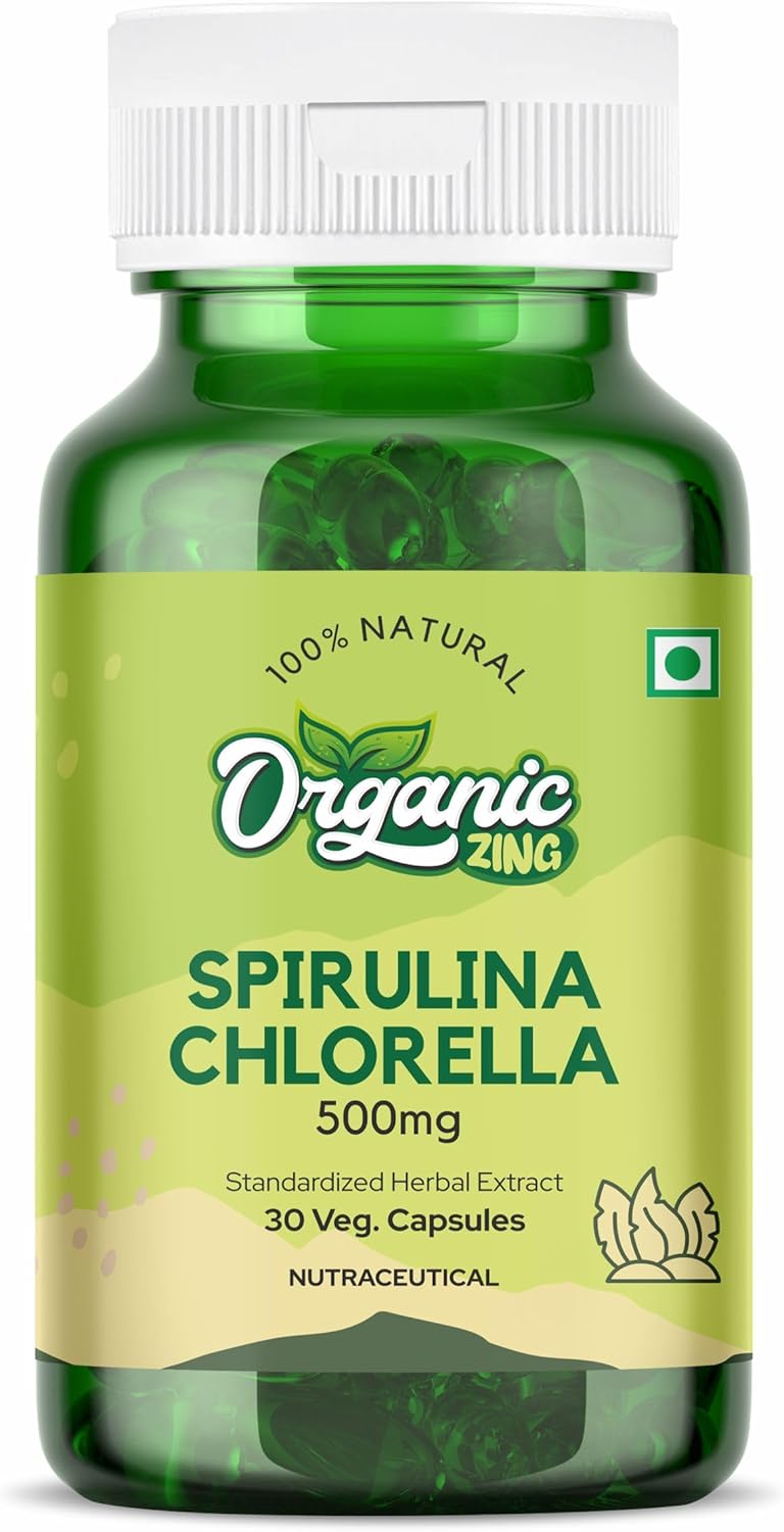 Premium Organic Spirulina Chlorella Capsules with Plant Vitamins - 30 Capsules of 500mg Powder Blend