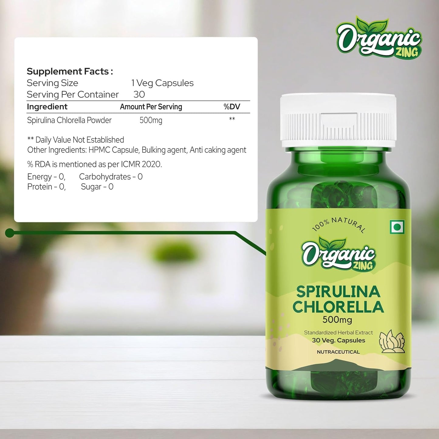 Premium Organic Spirulina Chlorella Capsules with Plant Vitamins - 30 Capsules of 500mg Powder Blend