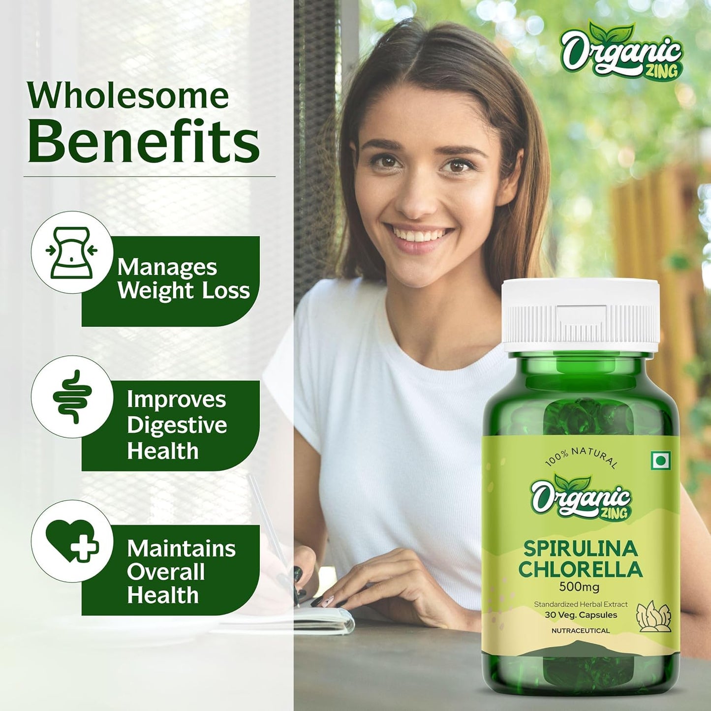 Premium Organic Spirulina Chlorella Capsules with Plant Vitamins - 30 Capsules of 500mg Powder Blend