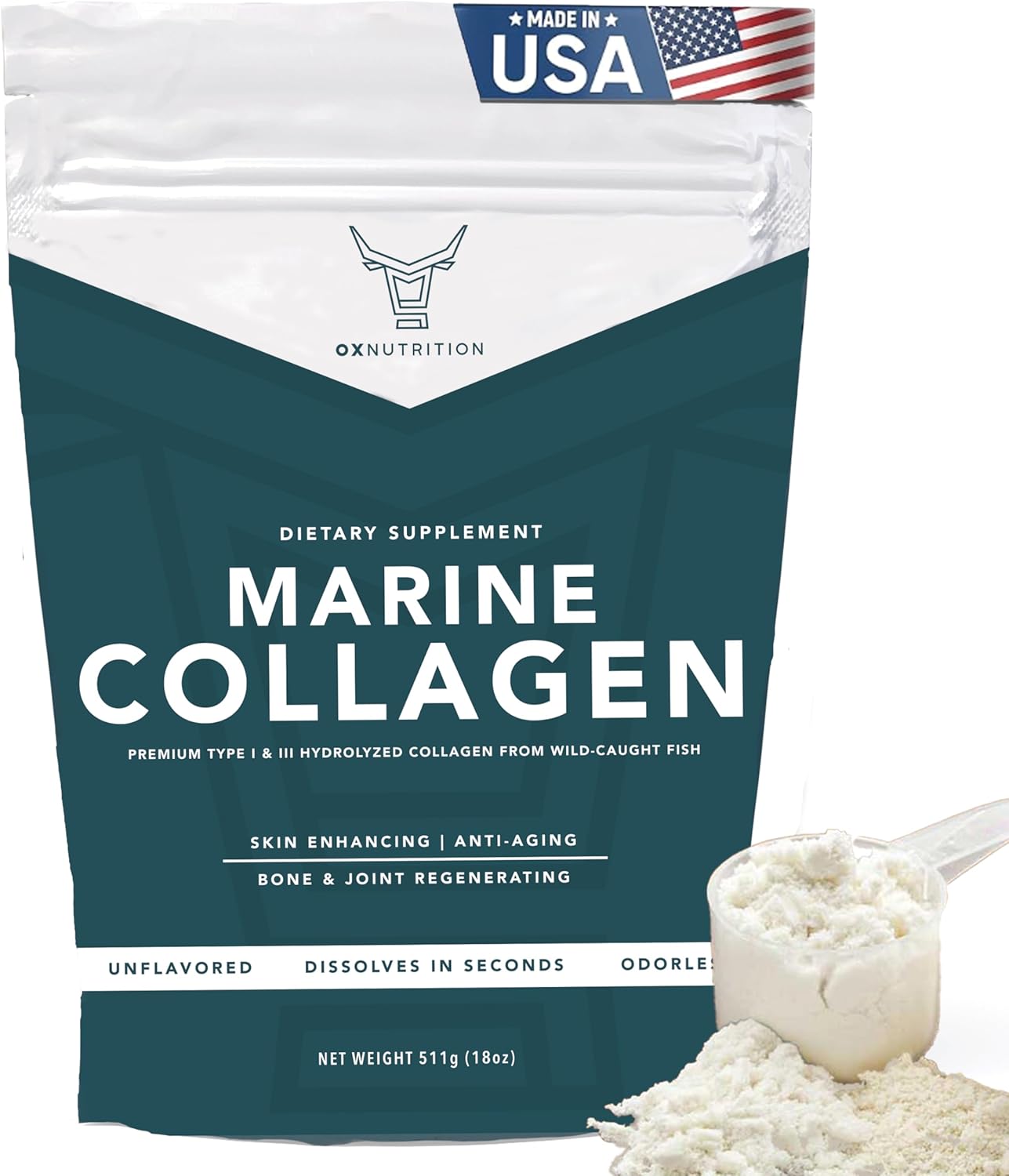 Premium OXNUTRITION Hydrolyzed Marine Collagen Peptides Powder - 18 Oz Anti-Aging Formula for Skin, Hair, Nails, and Joints - Non-GMO, Gluten Free, 3P Tested - Unflavored, Certified cGMP Compliant - BoostGo Australia