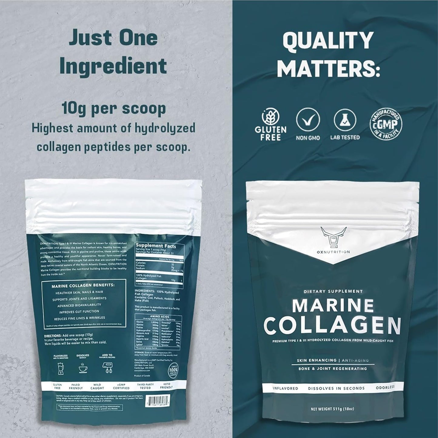 Premium OXNUTRITION Hydrolyzed Marine Collagen Peptides Powder - 18 Oz Anti-Aging Formula for Skin, Hair, Nails, and Joints - Non-GMO, Gluten Free, 3P Tested - Unflavored, Certified cGMP Compliant - BoostGo Australia