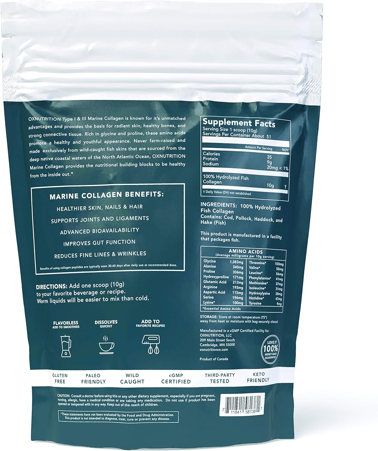 Premium OXNUTRITION Hydrolyzed Marine Collagen Peptides Powder - 18 Oz Anti-Aging Formula for Skin, Hair, Nails, and Joints - Non-GMO, Gluten Free, 3P Tested - Unflavored, Certified cGMP Compliant - BoostGo Australia