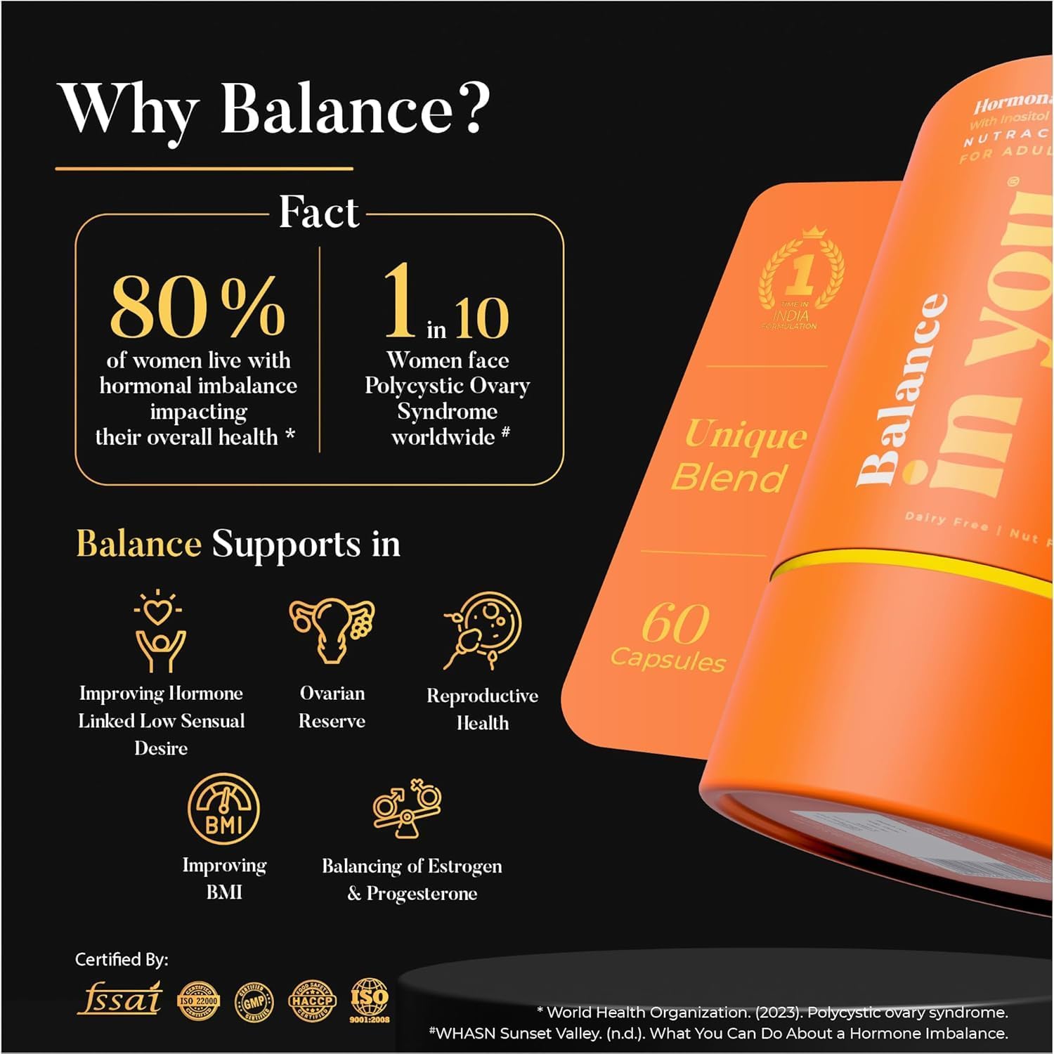 Premium PCOS, Hormonal & Fertility Support Supplement for Women - Unique Blend of Inositol, Chromium, Alpha Lipoic Acid & Fenugreek - 60 Capsules