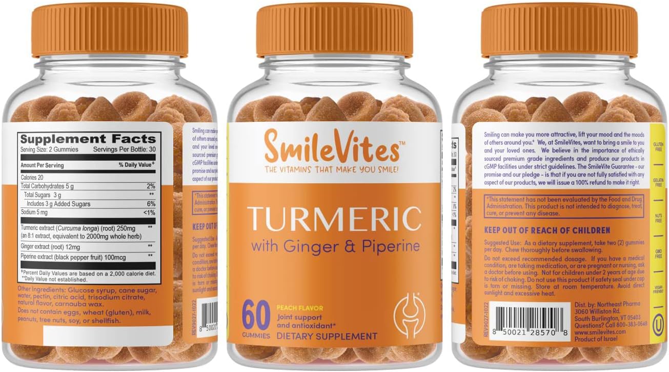 Premium Peach Flavored Turmeric Gummies for Joint & Digestive Health - 60 Count