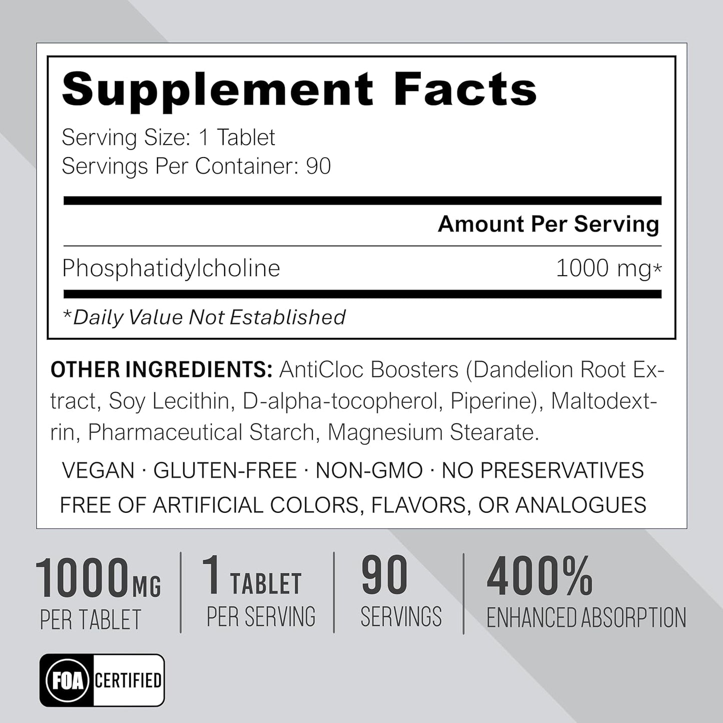 Premium Phosphatidylcholine PC 1000MG Tablets - 90 Day Supply - 5X Ultra Absorption - Max Strength - Boosts Methylation & Epigenome Health - Anti-Aging - Brain & Liver Support