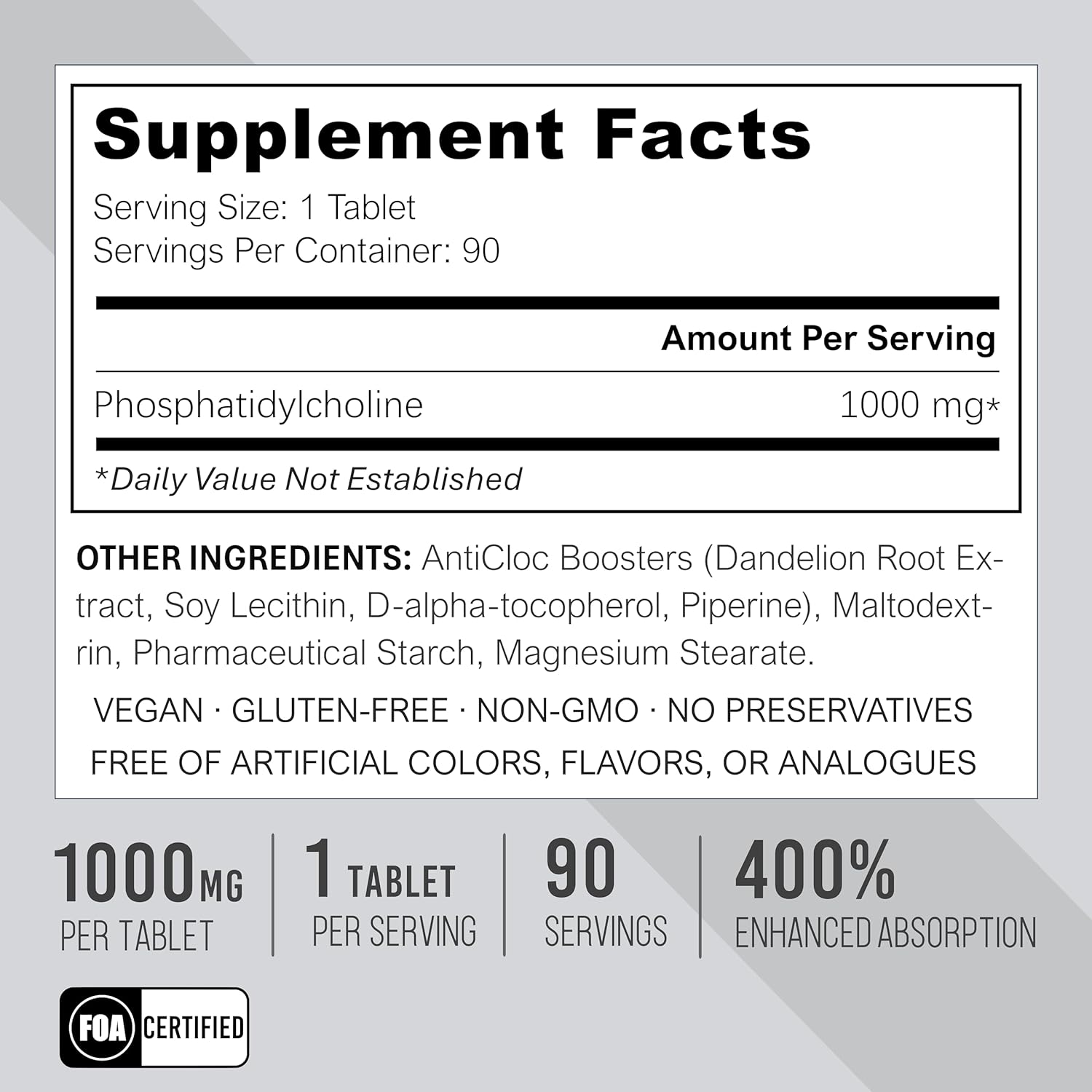 Premium Phosphatidylcholine PC 1000MG Tablets - 90 Day Supply - 5X Ultra Absorption - Max Strength - Boosts Methylation & Epigenome Health - Anti-Aging - Brain & Liver Support