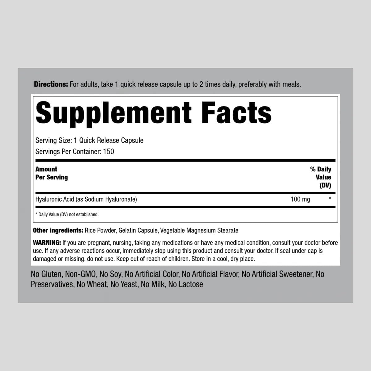 Premium Piping Rock Hyaluronic Acid Capsules - 100mg, 150 Count - Non-GMO, Gluten Free Formula