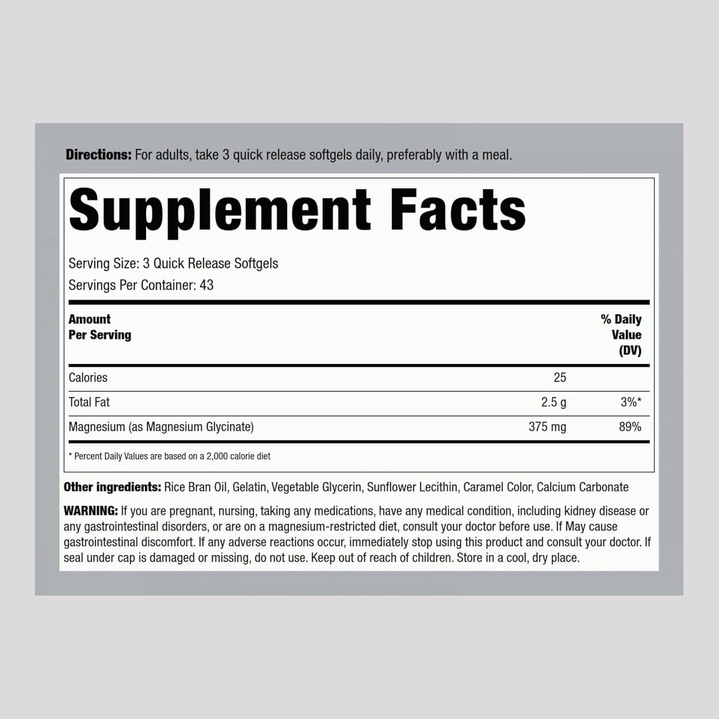 Premium Piping Rock Magnesium Glycinate Softgels | 375mg | 130 Count | High Absorption | Non-GMO & Gluten Free