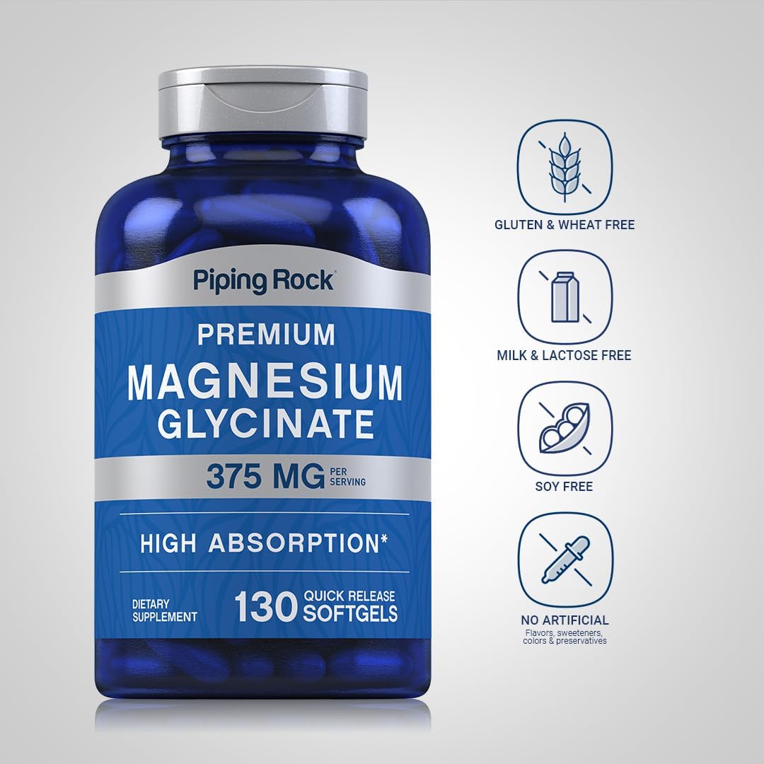 Premium Piping Rock Magnesium Glycinate Softgels | 375mg | 130 Count | High Absorption | Non-GMO & Gluten Free