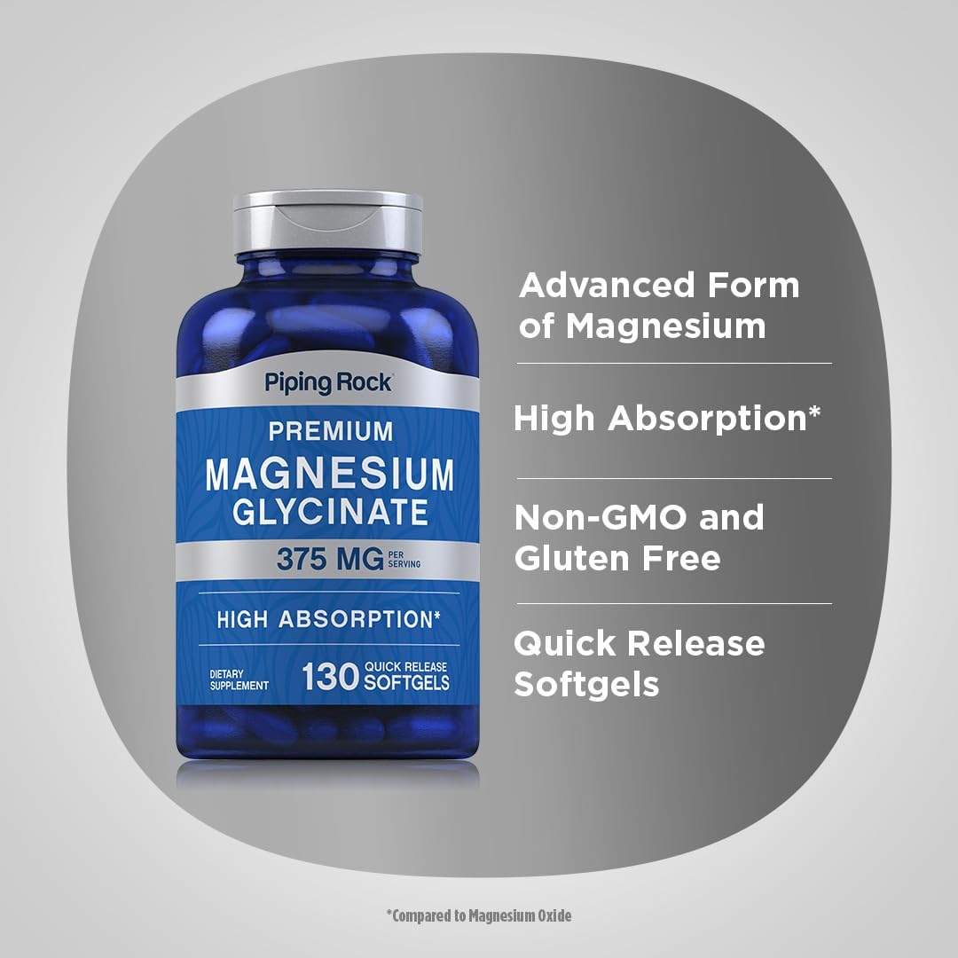 Premium Piping Rock Magnesium Glycinate Softgels | 375mg | 130 Count | High Absorption | Non-GMO & Gluten Free