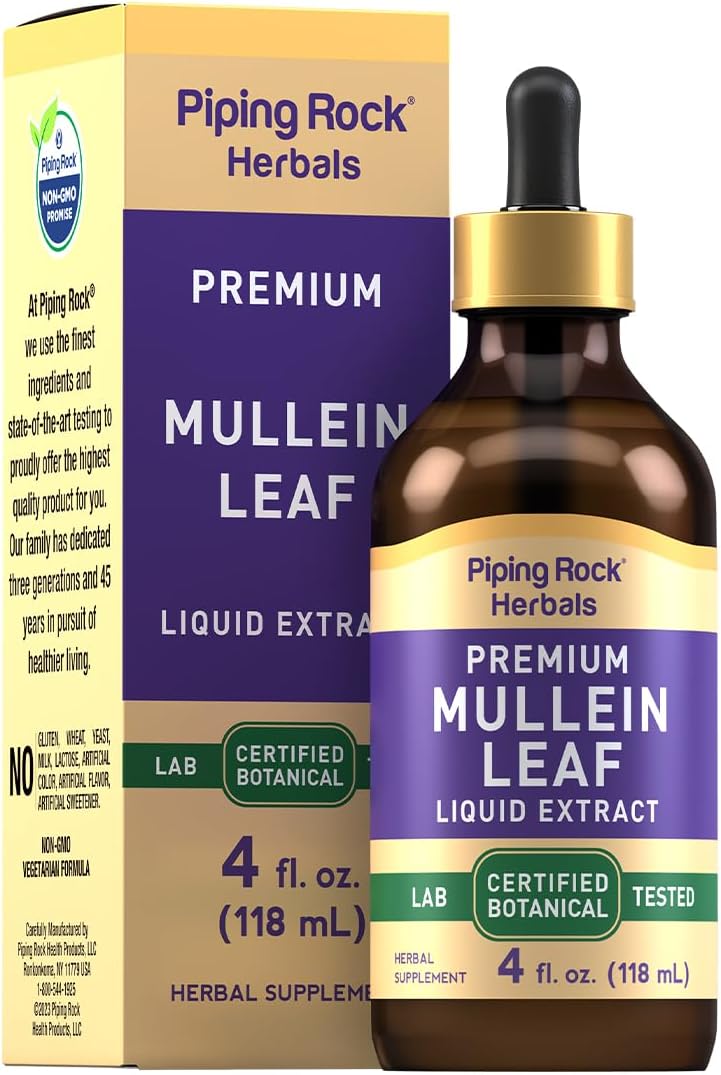 Premium Piping Rock Mullein Leaf Extract Tincture - 4 fl oz Herbal Liquid Drops - Certified Botanical Supplement - Non GMO, Gluten Free