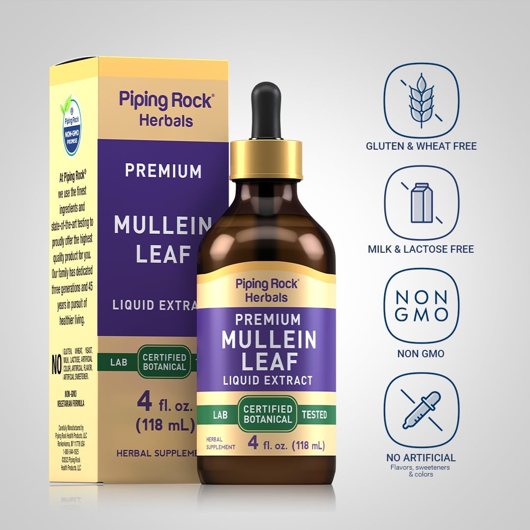 Premium Piping Rock Mullein Leaf Extract Tincture - 4 fl oz Herbal Liquid Drops - Certified Botanical Supplement - Non GMO, Gluten Free