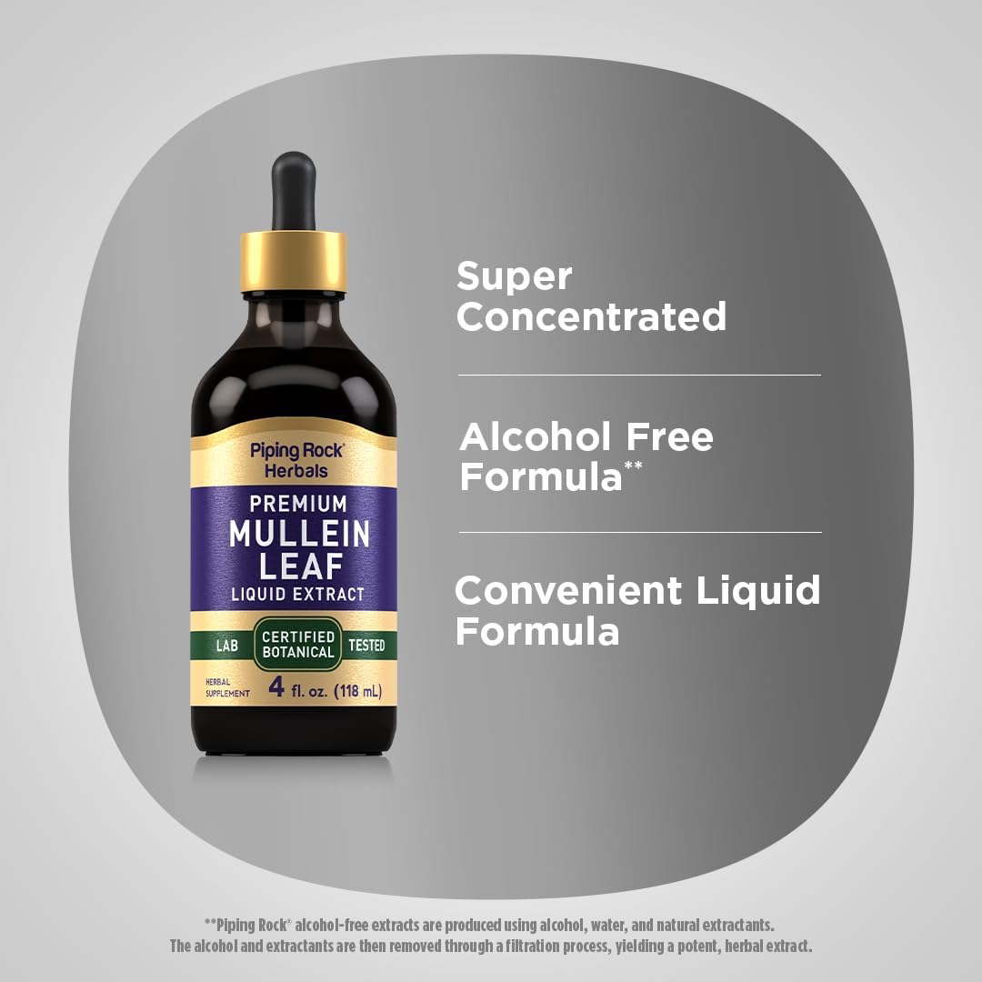 Premium Piping Rock Mullein Leaf Extract Tincture - 4 fl oz Herbal Liquid Drops - Certified Botanical Supplement - Non GMO, Gluten Free