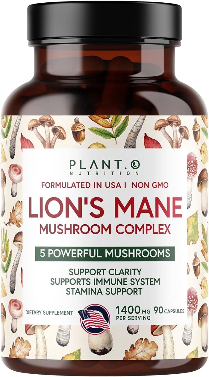Premium Plant-Based Lion's Mane Nootropic Brain Supplement with 5 Mushroom Complex - Immunity, Focus, Mood, Memory - 90 Capsules